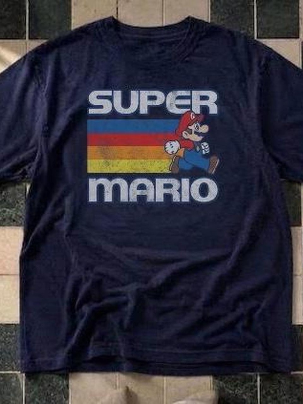 Gildan Navy Super Mario Retro Stripe Graphic Tee